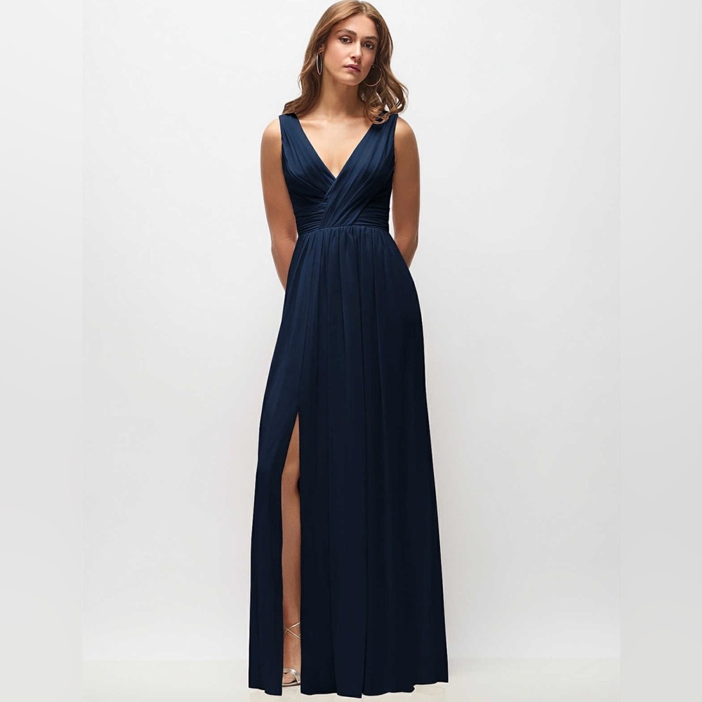 Dessy Collection 2894 SLEEVELESS DRAPED CHIFFON MAXI FRONT SLIT MIDNIGHT NAVY
